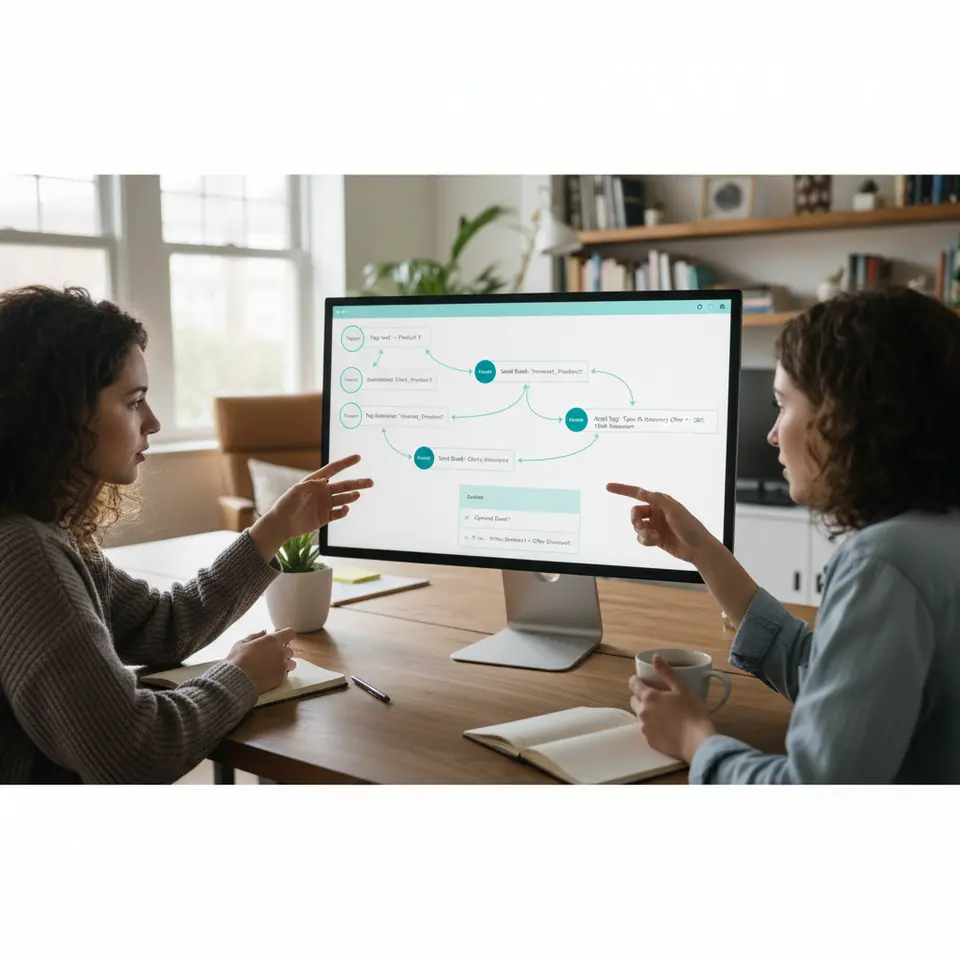 A drag-and-drop automation workflow builder interface showing multi-step campaign nodes—triggers like page visits or abandoned carts, actions such as tagging subscribers and sending emails—connected by arrows to illustrate a seamless, automated affiliate marketing flow.