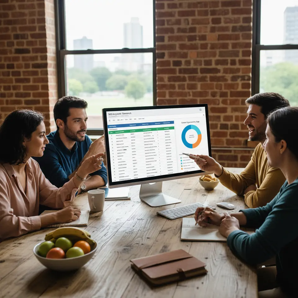 An SEO keyword research and gap analysis dashboard with columns for search volume, keyword difficulty, and competitor rankings, highlighting a shortlist of low-competition keywords and a visual chart of content topics your site hasn’t covered but competitors rank for.